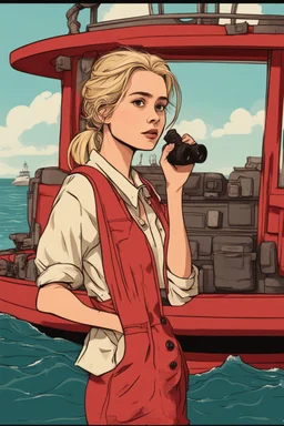 23 years old girl, with blond hair and a messy bun. standing on in a red boat, wearing red clothes and looking trough binoculars watching something in the middle of the sea. You see the whole boat. You see the gril in front. It's a ferry. Wes anderson style. In front. Sarcastic vibe. Old school interior.