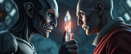 family photo, Close-up confrontation throat grip, between an ancient alien outcast leader synth and a space broker, standing only a meter apart, intense eye contact, glowing crystalline rod between them, anger mixed with sadness, dramatic facial expressions, shallow depth of field, cinematic lighting, stylized 3D anime, airbrush painting, crisp outlines, escher , rembrandt and hr giger