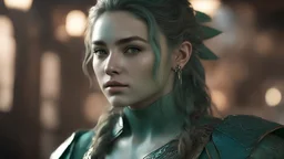 Photoreal gorgeous green-blue triton ranger scaled woman with green-blue scaled green-blue skin, looking like florence pugh in a brightly lit but smokey old mayan tavern by lee jeffries, otherworldly creature, in the style of fantasy movies, photorealistic, bokeh masterpiece smooth shading, ultra detailed, high resolution, cinematic, unreal 6, subtle shadows, octane render, 8k, cinema 4d, HDR, dust effect, vivid colors