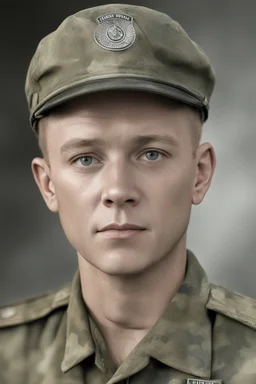 facial portrait - Band of Brothers, 20-year-old Scott Grimes as Technical Sergeant Donald Malarkey, WWII camouflage battle dress uniform, Professional quality full color photography by Ansel Adams - 4k UHD, Ultra-realistic, Hyper realistic, Photorealistic, Realistic, absolute Reality