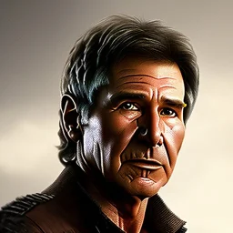 8K space background with stunning photo realistic detailed head to waist portrait of harrison ford as han solo in star wars with photo realistic short hair by Thiago Moura Januário, Sam Spratt, Yi Fan, Matija Obrovac, Sharp focus, brown eyes, weathered skin,space jacket from star wars, photo realistic digital painting, octane render, intricate