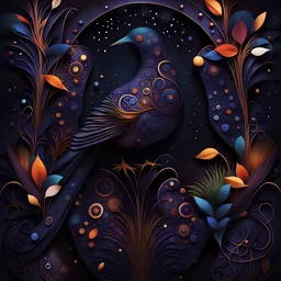 deep dark luminescence rich colors, reminiscent of abstract luxury, minimalist abstract pattern with dots and lines, clean with some abstract elements, with dark colors , trending on artstation, sharp focus, studio photo, intricate details, highly detailed, by Gustav Klimt, Antonio Gaudi, greg rutkowski, fantasy geometric galaxy bird plants
