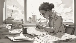The image depicts an individual seated at their desk, meticulously crafting an organized daily schedule on a large sheet of paper in front of them. The image showcases attention to detail, as the person uses a pen to delineate different times and tasks on the schedule. The sun is seen rising behind a window, signifying the beginning of a new day full of possibilities. This image emphasizes the importance of good planning and creating an effective daily schedule to achieve success and enhance pro