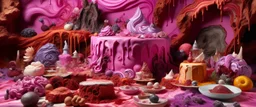 A pinkish purple and reddish dream realm made out of cakes and cookies designed in cave paintings painted by Jackson Pollock
