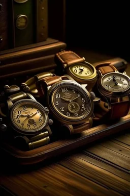 Generate an image that showcases a collection of vintage watches from different eras. Arrange the watches on a beautifully aged wooden surface or an antique display case. Vary the styles, shapes, and materials to highlight the unique characteristics of each vintage timepiece. Use soft, warm lighting to evoke a sense of nostalgia.the atmosphere of innovation and dedication as they work towards technological breakthroughs.