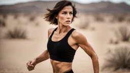 beautiful slender caucasian female technician, black tank top, angry, running, well toned muscles, weathered face, scratched sand camo metal details, short brunette wavy bob haircut, dystopian, desert scene with smoke and explosions,