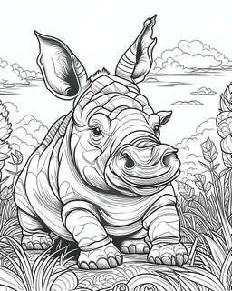 create a 2d black outline, "safari smiling cartoon rhino coloring book for adults", coloring page, low details design, black contour, coloring page design, simple background, colorful , card style, coloring page for kids, white background, sketch style, safari landscape, cartoon style