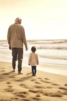 old man walking on beach with little child telling him about the wonders of life style of hiroku ogai walking away from camera