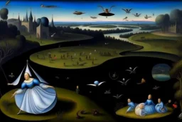 View of Elysium with dark female flying around over people running away in fear, creatures crawling, Hieronymus Bosch