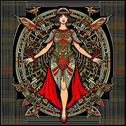 Full Body, Art Nouveau Woman With A Bob With A Fringe Hairstyle, Cleopatra Clothing, Steampunk Metal moth with red wings, Black Background