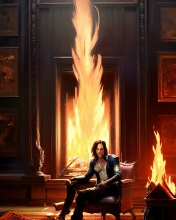 "matt mercer sitting in a comfy chair by a fireplace, beautiful eyes, full-scale head and shoulders portrait, 8k resolution concept art portrait by Greg Rutkowski, Artgerm, WLOP, Alphonse Mucha dynamic lighting hyperdetailed intricately detailed Splash art trending on Artstation triadic colors Unreal Engine 5 volumetric lighting Splash art fantasy