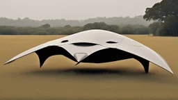 small, sleek, squat, cargo spaceship shaped like a manta ray, sitting in a field