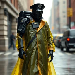 vintage, nypd full body color 1920 black policeman with exoskeleton wtih heavy yellow rain transparent coat