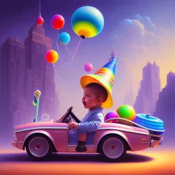 A one-year-old boy rides in the plastic funny toy-car on the middle of a busy street in new york. He has and a large-brimmed straw hat. somehow photographic bright colors and sunset, fantasy art, Anna Dittmann, digital painting, dan mumford, oil on canvas, jeff koons, akihito yoshida, wlop, kodachrome,