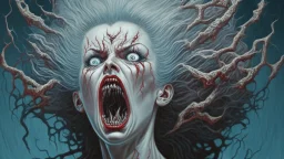 "The Wilhelm Scream of Imaginary Dead Wives" in the style of Michael Hussar and Walter Van Beirendoncks; features a ghostly figure of a woman with windblown crazy hair and mouth wide open in a scream, surrounded by intricate details such as twisted branches, ominous clouds, and hidden symbols. The image is meticulously crafted with an award-winning level of detail that invites the viewer to explore its mysterious depths.