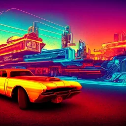 art deco, cyberpunk, neon muscle car, desert road, sunset, full colour, hd,