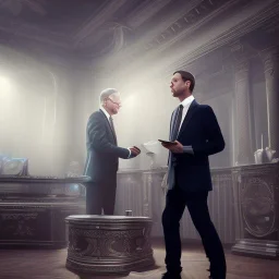 a business man talking to his boss about a certain matter , dramatic, dramatic lighting, volumetric lighting, hyperrealism, 8k, high quality, photorealistic, lot of details