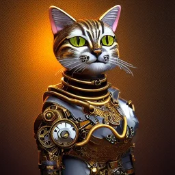 character render of mechanical tabby cat, intricate, ultra-fine detailed, steampunk, ornate, 8k, ultraHD, high-quality, 3d, realistic, trending on artstation, midjourney style, elaborate, fractal, holographic background