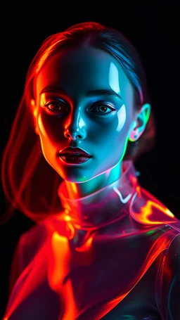 Female Unrealistic Surreal Pure natural translucent vivid colors glowing glass face and Body . Dark black background. transparent glass clothing.