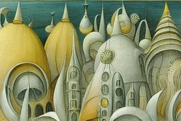 nautilus shell buildings and towers by artist "Leonora Carrington"