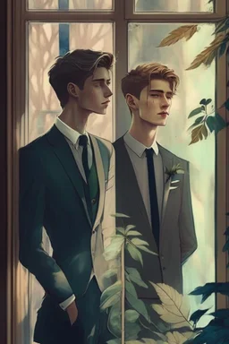 20 Year boy with pretty face he is gay and gentle. smoking behind window while looking outdoor trees. His in a full official suit. his boyfriend beside him. They are happy