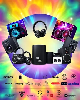 A beautiful banner design with photos of party speakers and party boxes, several models of headphones, mobile chargers, and JBL speakers in the middle of the image, and several famous logos from world-renowned audio and video systems at the bottom of the image with a psychedelic color theme.