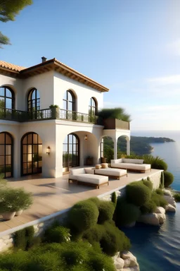 A luxurious house in the style of Mediterranean with a serene mood and a view.