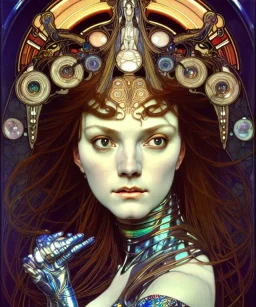 Realistic detailed face portrait of a beautiful futuristic Karen Carpenter queen in opudesignlent alien glass armor by alphonse mucha, ayami kojima, amano, greg hildebrandt, and mark brooks, female, feminine, art nouveau, ornate italian renaissance cyberpunk, iridescent venetian blown glass, neo - gothic, gothic, character concept