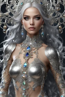 Length picture photography realistic full body of young woman, beautiful, shiny hard eyes, make up, Fantasy style, shiny baubles, ornate, large gemstones, shiny molten metalics, shiny wire filigree, silver hair, high definition, high res, octane render