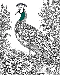 A regal peacock displaying its vibrant plumage in a lush garden filled with exotic flowers. for colouring pages with black and white outline line art ,no blur,no grayscale,only white backdrop,no black backdrop with realistic look