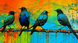 Three black birds perched on a wire against a colorful, abstract background with textured patterns and splashes of vibrant hues like green, blue, and orange