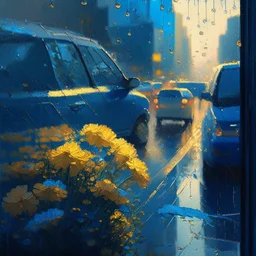 morning, window, rain, blue, flowers in the road, city, crowd, cars, sunlight, golden