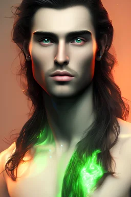 4K Ultra-HD -- a man, long black hair, extreme slanted eyebrows, green eyes, thick lips, square jaw, dent in chin, goatee, --4k Ultra-HD--Hyper realistic--Cinema lighting