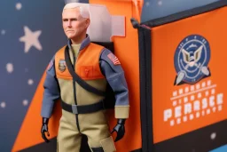 Mike pence G.i. Joe toy doll Space force uniform With accesories inside a blister packaging hanging on a Wallrack in toystore, fluorescent orange, toy guns, wide angle shot whole body, black moonboots, fullsize, green