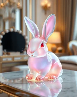 Generate image: Generate image: Generate image: A macro 3D render of a cute, lovely Rabbit entirely of translucent, glossy,colored jelly material. it is sitting on table in a luxury bedroom next to makeup desk,subsurface scattering and gelatinous texture . High-quality CGI, octane render, 8k resolution, whimsical, adorable, clean composition., in the style of Portraits, in the style of Portraits, 4:3
