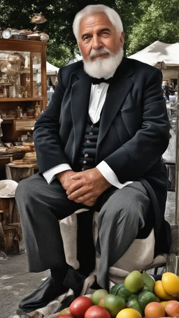 Full length photograph of a 58 year old, strong and chubby Neapolitan antiques dealer, at the street market, elegantly dressed, old glasses, short white beard, short shaved hair, under the sun, stocky, open shirt, hairy chest, sitting in a furniture stall of antique and mirrors, big belly, big shoulders,, sunlight, ambient occlusion, side light, photorealistic, side view from the ground