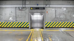 wall design for parking garage, concrete, yellow marking lines, hazard lines, weathering and water stains, realistic elevator doors in middle. a sign is above the elevator doors. rough painted hashmarks and parking lines