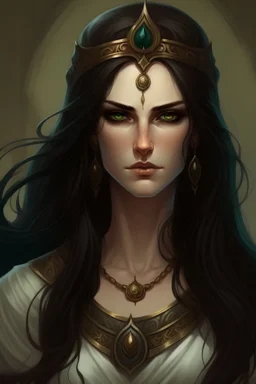 portrait of Cynara, the antagonist, she became mean after a stroke of faith, she is beautiful and has long dark hair, her appearance is like a greek goddess