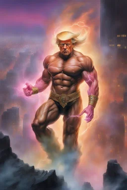 Extremely Muscular, Donald Trump as 'Maga Man,' the greatest superhero in history, Extremely Muscular, overly exaggerated muscles, Skintight, formfitting bodysuit, cape, boots, Multicolored vortex, multicolored lightning, neon lit futuristic cityscape, mist, fog, speed, extremely overexaggerated musculature, "MAGA MAN"