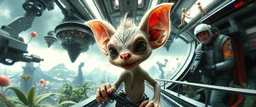 airbrush and pen outline, french art , extreme close up on cheeky fluffy weasel hairy goblin military prison guard troupe news anchor elf family scumbag on the open bridge between two space stations overfilled with weird growing wines and plants that are reflective and translucent, in the style of Escher and Giger and Fallout 4, pinhole cam, airbrush 3d rendering