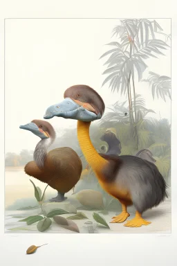 John James Audubon-like illustration of a fully uncropped Dodo bird and a Platypus in a landscape of warm yellows, warm reds, and warm blues