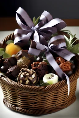 A picture of a gift basket filled with an assortment of brownies, cookies, and other treats, tied up with a pretty bow.
