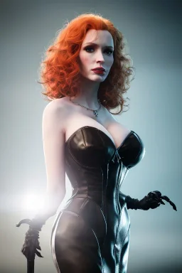 Christina Hendricks as evil queen in black leather gown, feminie, angry, stern look on her face, volouptous, busty, cleavage, emperious, mature, style of frank miller sin city, unreal 5, octane render,cinema4d, dynamic lighting, dramatic lighting, 4k, redshift render, highly detailed, hyper realistic, inside dungeon