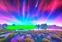 cosmic landscape with blue grass with magic lake, sky with light and stars. blu laser in the skay.