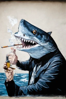 catfish with shark head smoking a ciggarrette in the style of banksy
