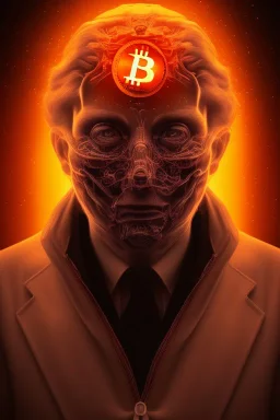 satoshi nakamoto in the bitcoin brain, Fire theme art, Dark moody night atmosphere, , 8K, close-up face, anatomically perfect face