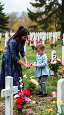 una chica con vestido de grave yard temp she and her young child son are putting flowers on the Tomp