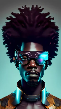 draw a hyper realistic Afrofuturistic man with augmented reality glasses on half body photo