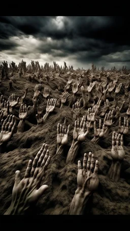 a field of thousands of hands of bodies buried in the ground , horror, hands in different shapes coming out from the ground towards the sky Busch painting style nightmare