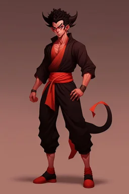 Full Body, Male Tiefling, monk, body shape as Super Sayin Goku, boxer pose, dark outfit colour theme, HD